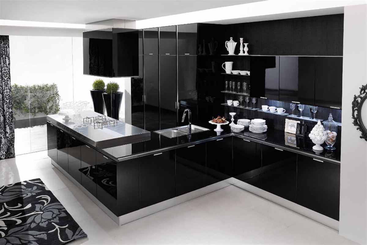 кухонная глянцевая мебель черно белая