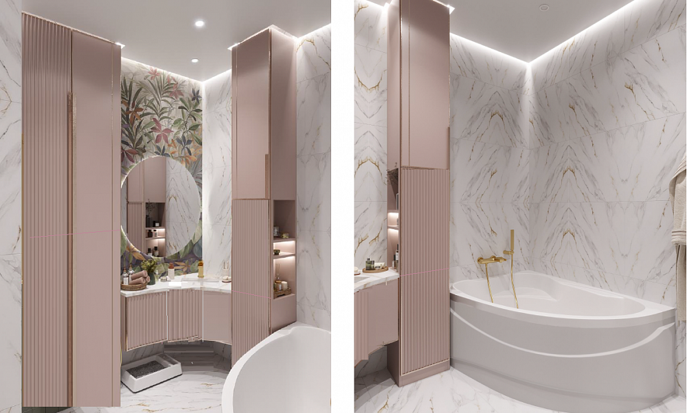 Мебель в ванную комнату розовая с золотом